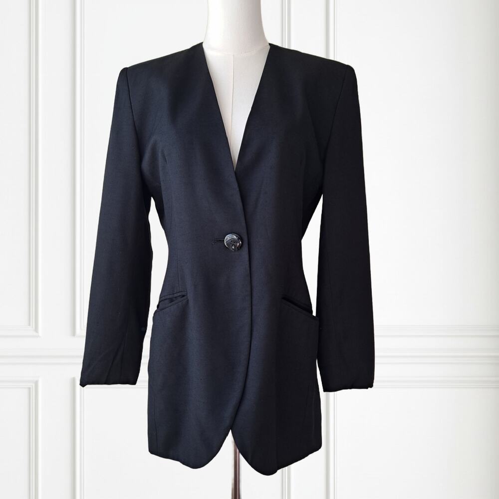 CHRISTIAN DIOR Vintage Black Collarless Blazer Jacket Sz 6 Minimalist Luxury 90s